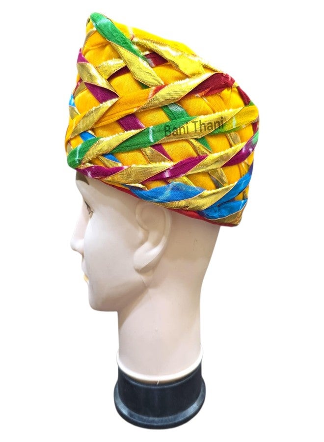 BANI THANI Authentic Rajasthani Jaipuri Pagdi for Men's & Women's Traditional Round Turban for Wedding or Any Party Events or Festival, Freesize Pagdi Support Upto 22inch head size (Yellow Multi Colour) - Image 4